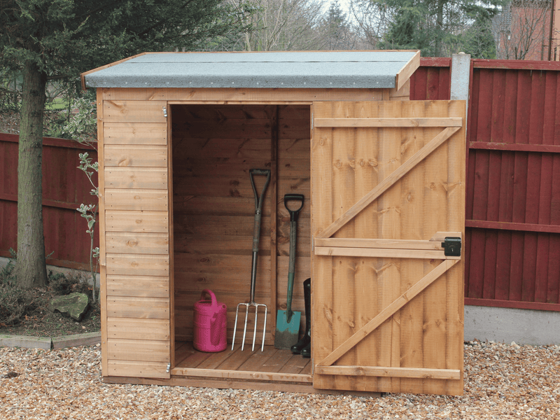 Small wooden tool shed, single door open showing interior, viewed from the front. 