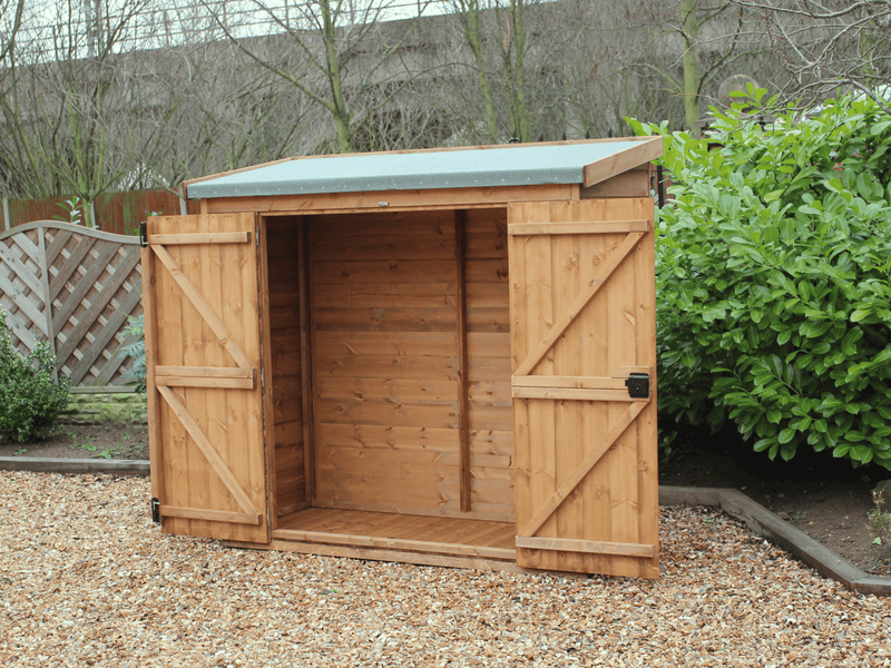 Small wooden tool shed with open double doors, viewed from the front. 