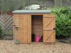 Small wooden tool shed with one door open, one shut, viewed from the front. 