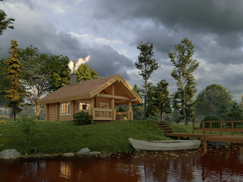 Toots Sauna residential log cabin overlooking a lake, viewed from the left