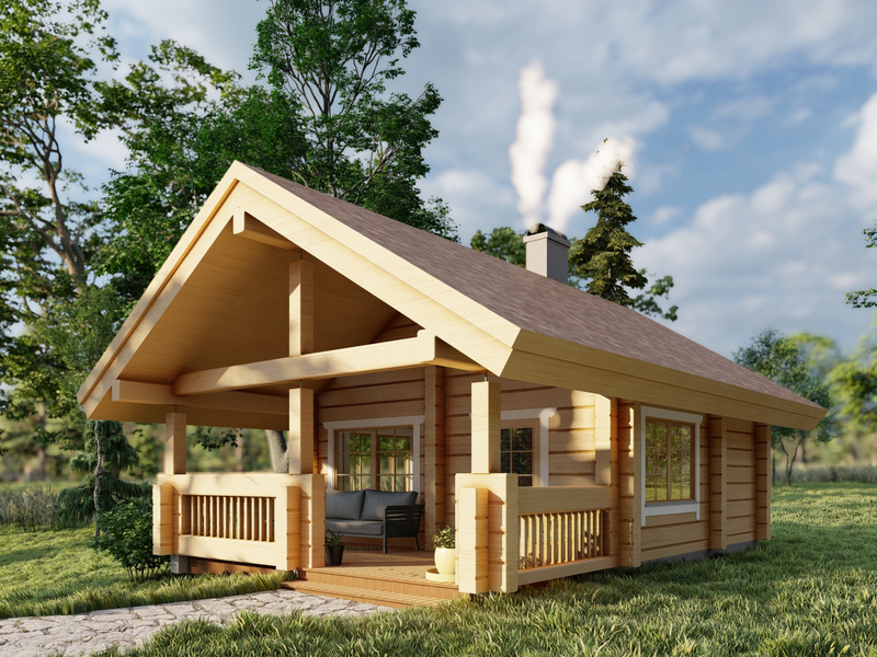 Toots Sauna residential log cabin, viewed close up from the right