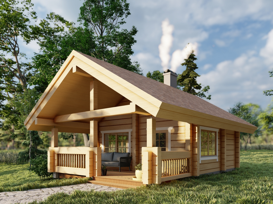 Toots Sauna residential log cabin, viewed close up from the right