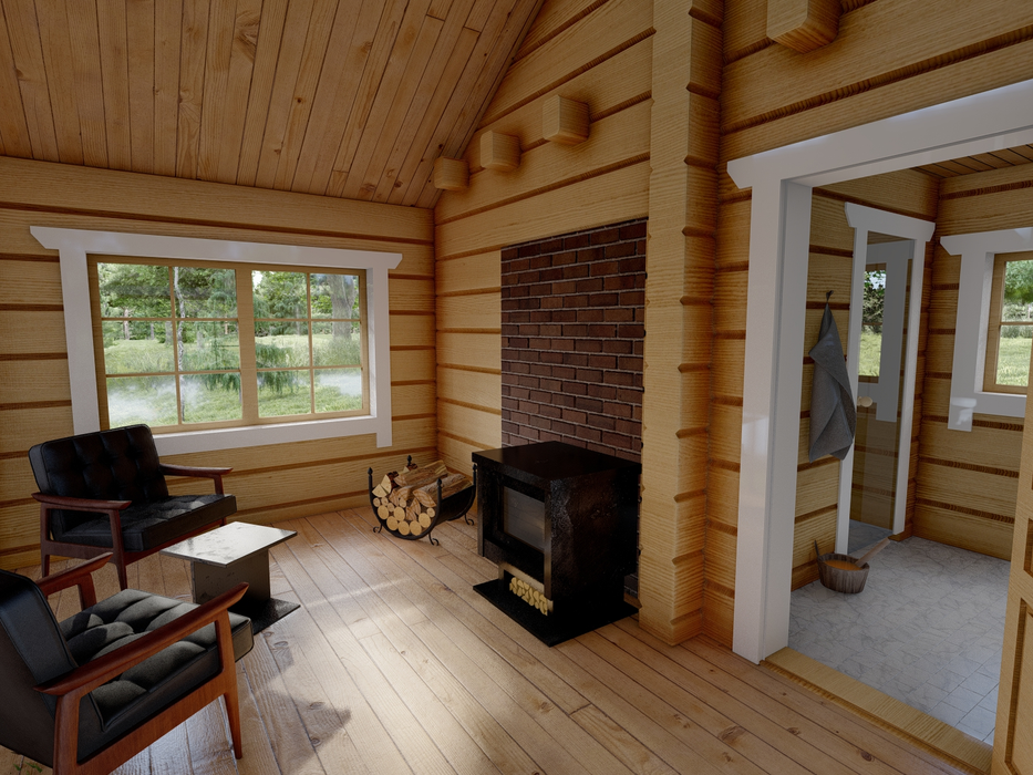 Interior view of the Toots Sauna residential log cabin