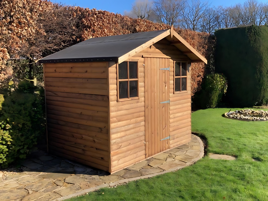 The Vale decorative garden shed with a single door and two Georgian side windows, viewed from the left