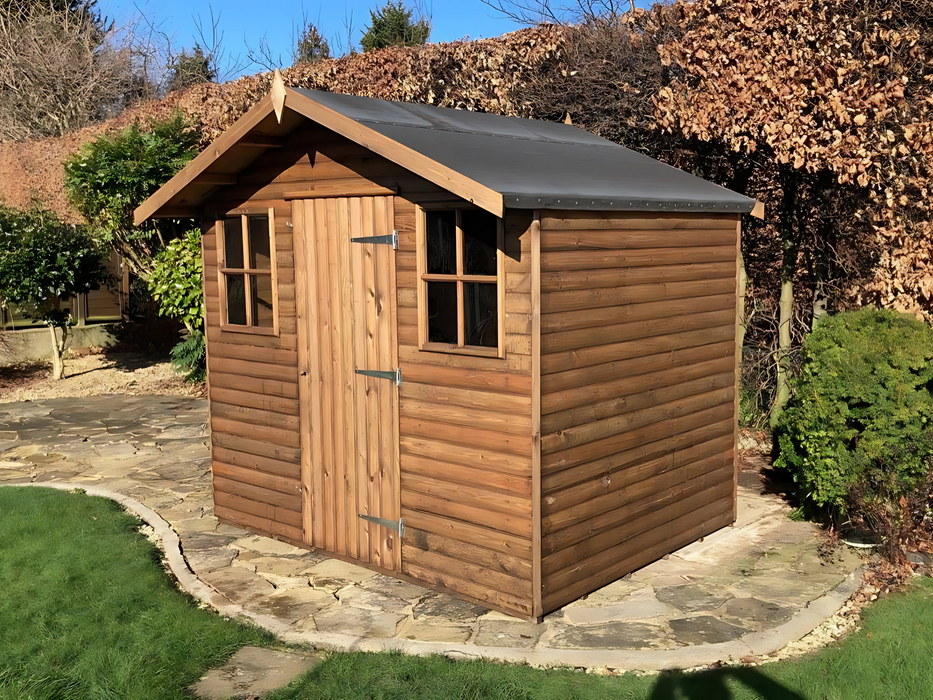 The Vale decorative garden shed with a single door and two Georgian side windows, viewed from the right