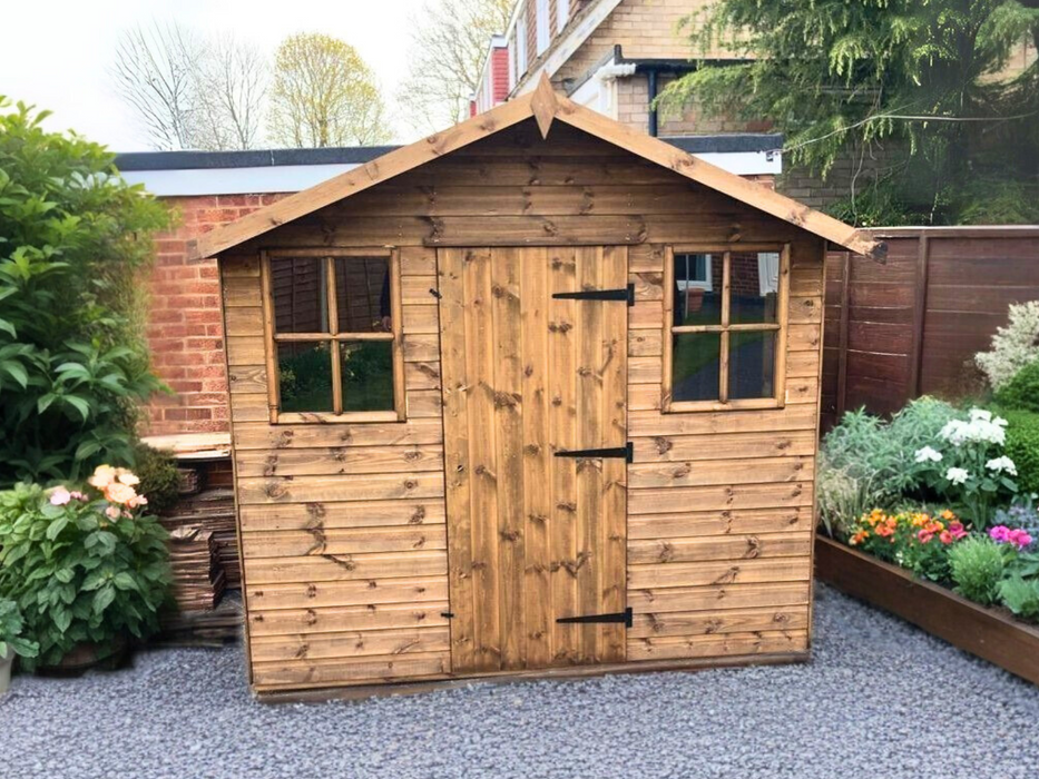 The Vale decorative garden shed with a single door and two Georgian side windows, viewed from the front
