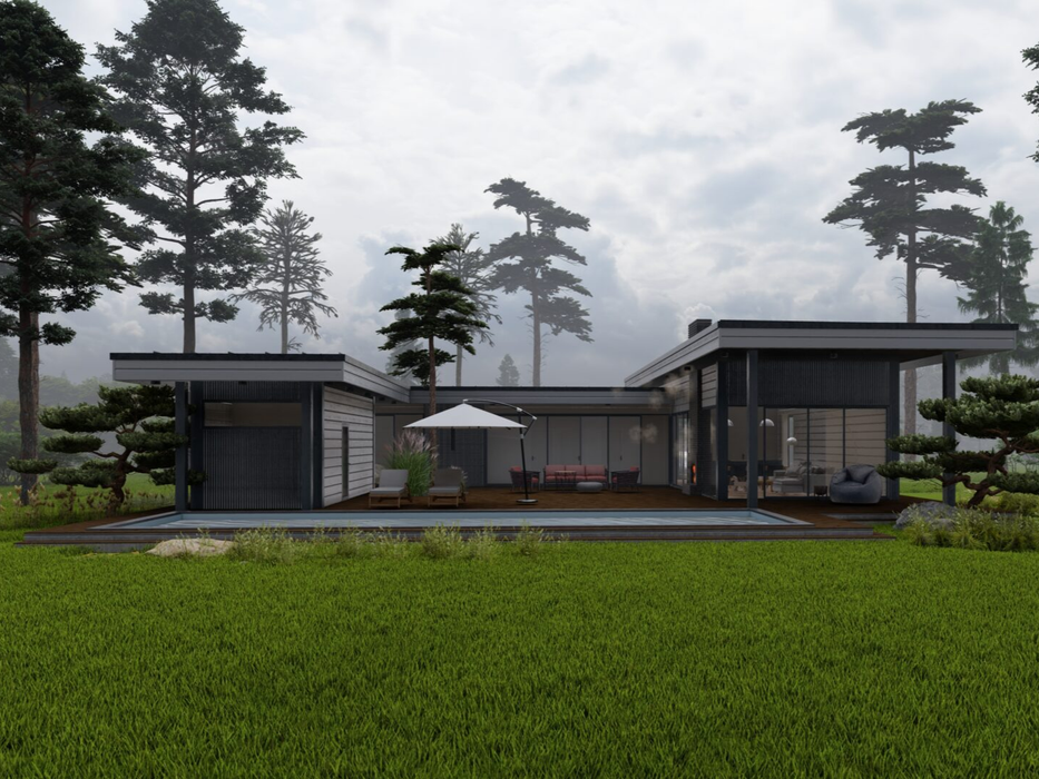 Villa Pine residential log cabin, viewed from the front