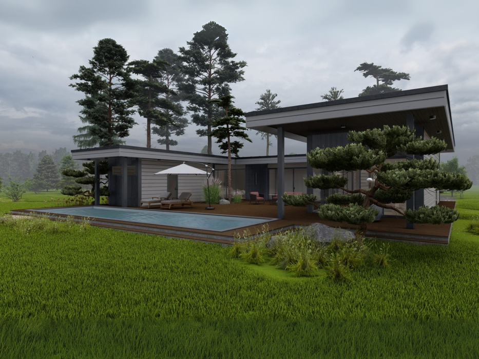 Villa Pine residential log cabin, viewed from the front right