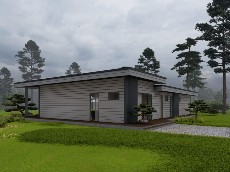 Villa Pine residential log cabin, viewed from behind the building