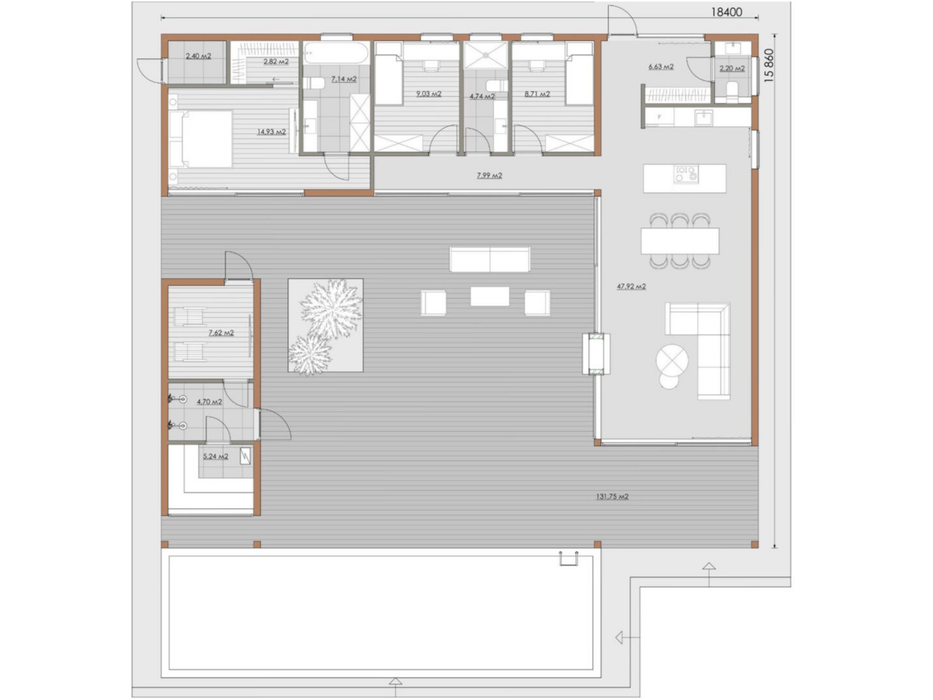 Villa Pine residential log cabin floorplan with measurements