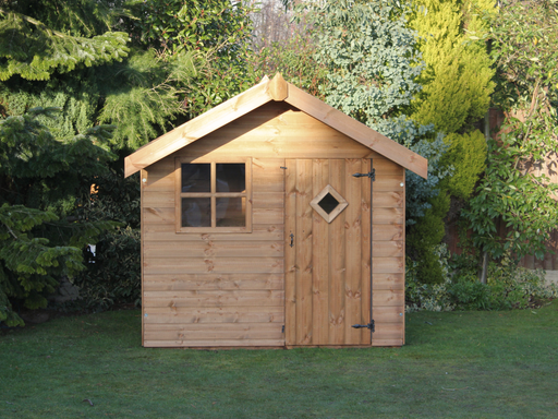 Traditional wooden playhouse with single door and window, viewed from the front. 