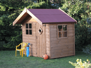 Traditional wooden playhouse with single door, front window, and side window, viewed from the front/right side. 