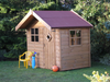 Traditional wooden playhouse with single door, front window, and side window, viewed from the front/right side. 