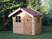 Traditional wooden playhouse with single door, front window, and side window, viewed from front/right side. 