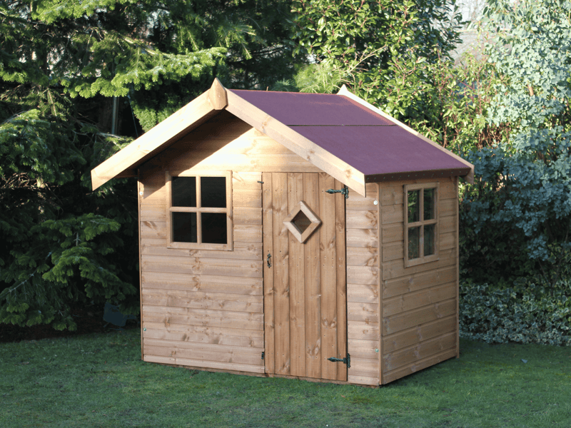 Traditional wooden playhouse with single door, front window, and side window, viewed from front/right side. 