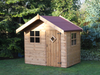 Traditional wooden playhouse with single door, front window, and side window, viewed from front/right side. 