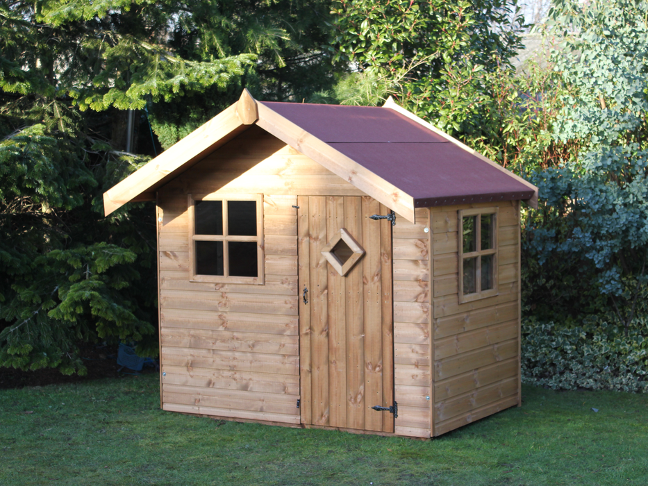 Traditional wooden playhouse with single door, front window, and side window, viewed from front/right side. 
