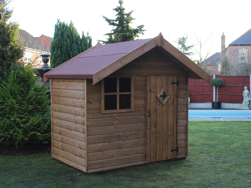 Traditional wooden playhouse with window and single door, viewed from left/front. 