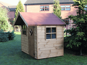Traditional wooden playhouse with single door, front window and side window, viewed from the right side. 