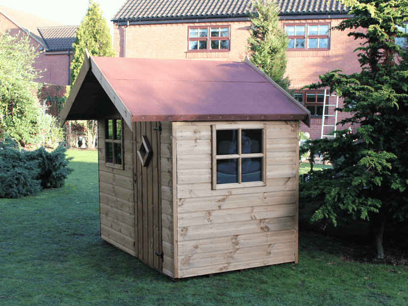 Traditional wooden playhouse with single door, front window and side window, viewed from the right side. 