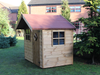Traditional wooden playhouse with single door, front window and side window, viewed from the right side. 