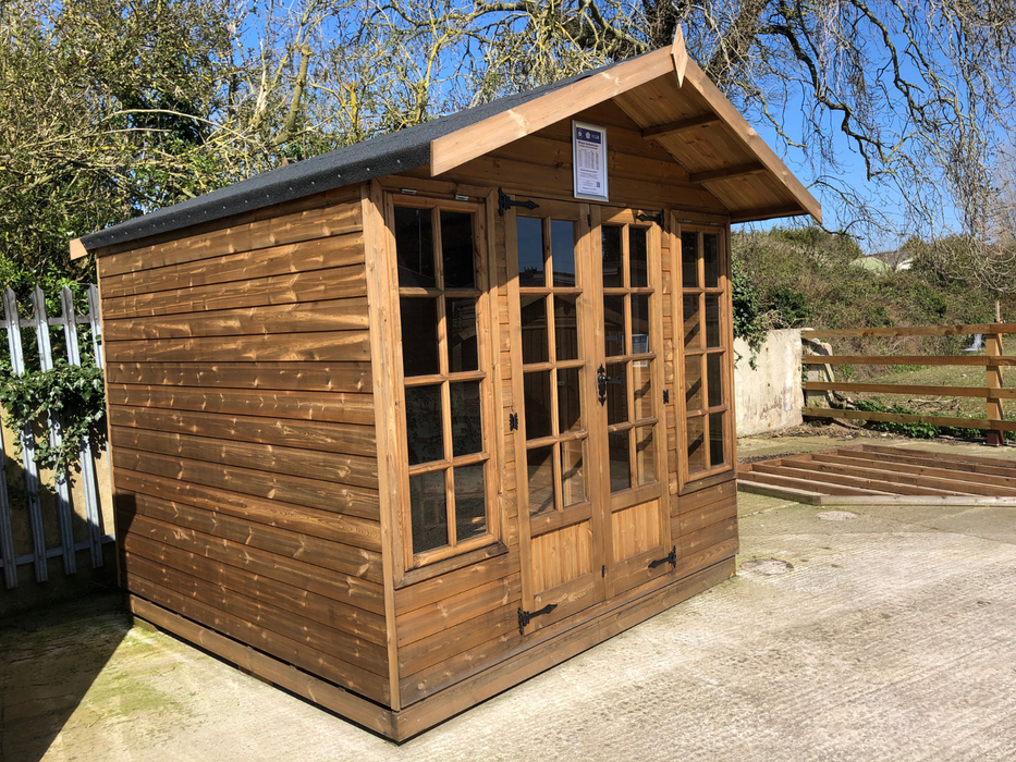 The Windsor Summerhouse with double doors and two opening side windows, viewed from the left