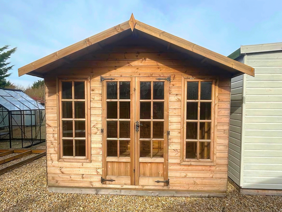 The Windsor Summerhouse with double doors and two opening side windows, viewed from the front