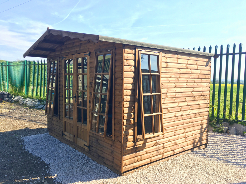 The Windsor Summerhouse with double doors and four opening side windows, viewed from the right