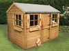 Wooden playhouse with stable door, four windows with boxes, viewed from the left/front. 