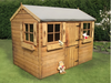 Wooden playhouse with stable door, four windows with boxes, viewed from the left/front. 