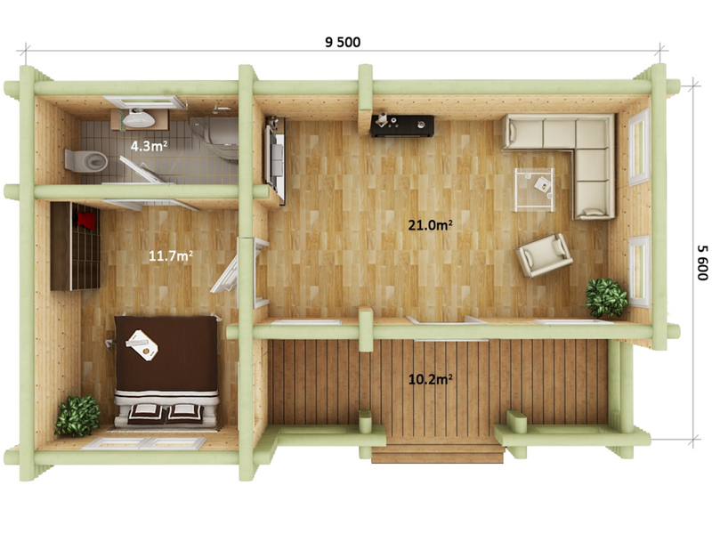 York Round Log residential log cabin floorplan with measurements