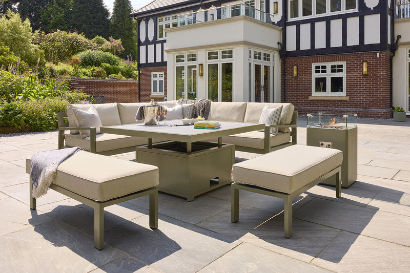 Tutbury Dual Height Square Table with Corner Sofa and Two Large Benches