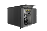 AvantGarde steel shed deep version being used to comfortably store a motorbike