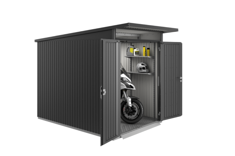 AvantGarde steel shed deep version being used to comfortably store a motorbike