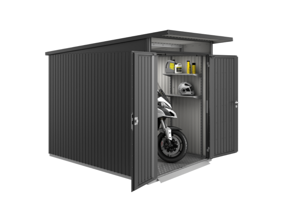 AvantGarde steel shed deep version being used to comfortably store a motorbike