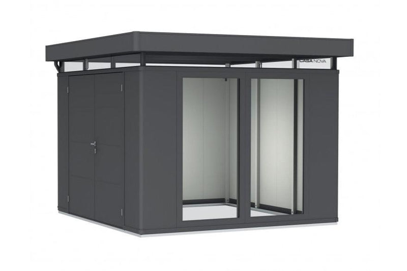 CasaNova steel garden building in metallic dark grey finish