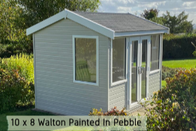 A 10 x 8 Walton painted garden room with a pitched roof, situated in a garden setting.